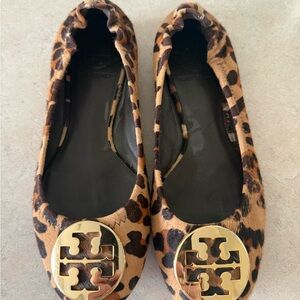 Tory Burch Leopard-Print Reva Ballet Flats with Gold Medallion